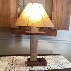 Reclaimed spruce with cherry base, mahogany and maple inserts, parchment shade
